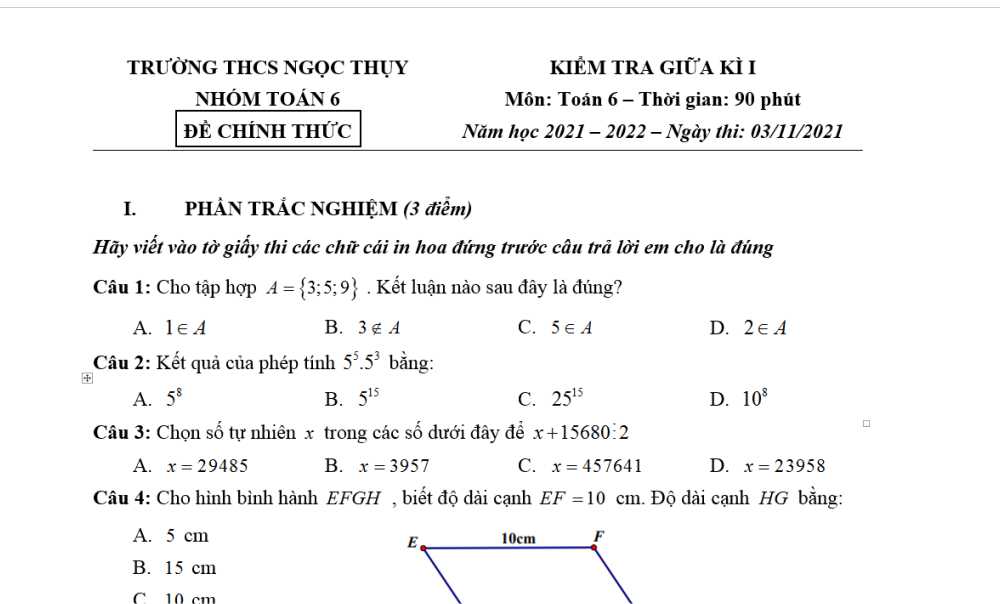 Toán 6: Đề kiểm tra giữa học kì 1. Trường THCS Ngọc Thụy năm học 2021-2022